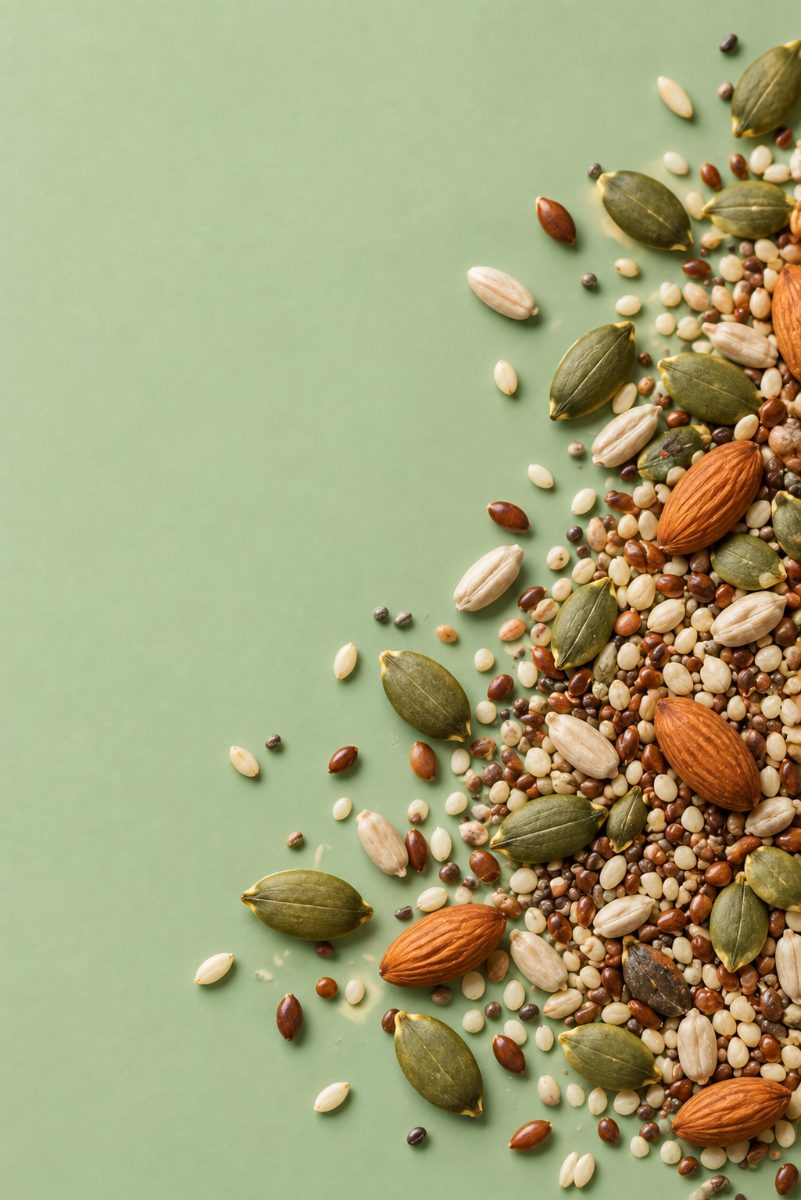 Seeds, nuts and grains scattered across a sage-green surface