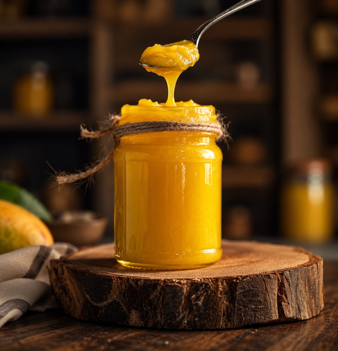 A jar of ghee with a spoon lifting a drizzle