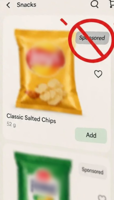 A delivery app's snacks aisle with the Sponsored tag crossed out
