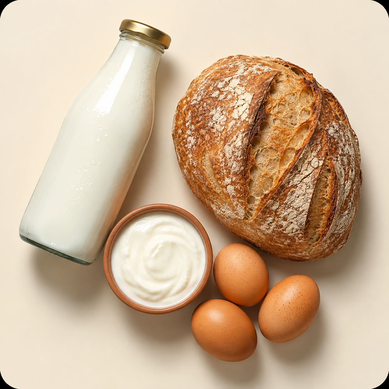 Milk, curd, sourdough bread and eggs