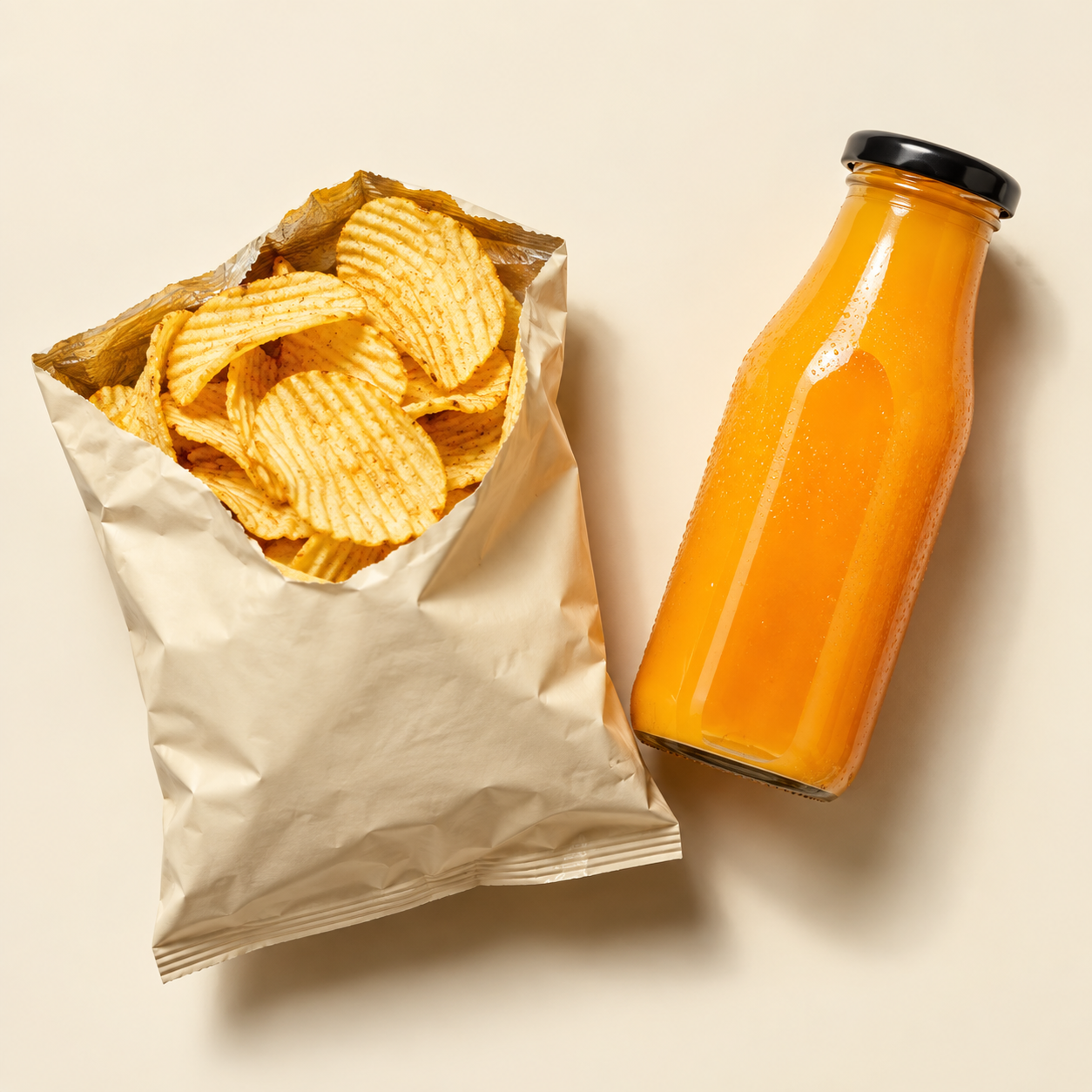 An open pack of chips beside a bottle of juice