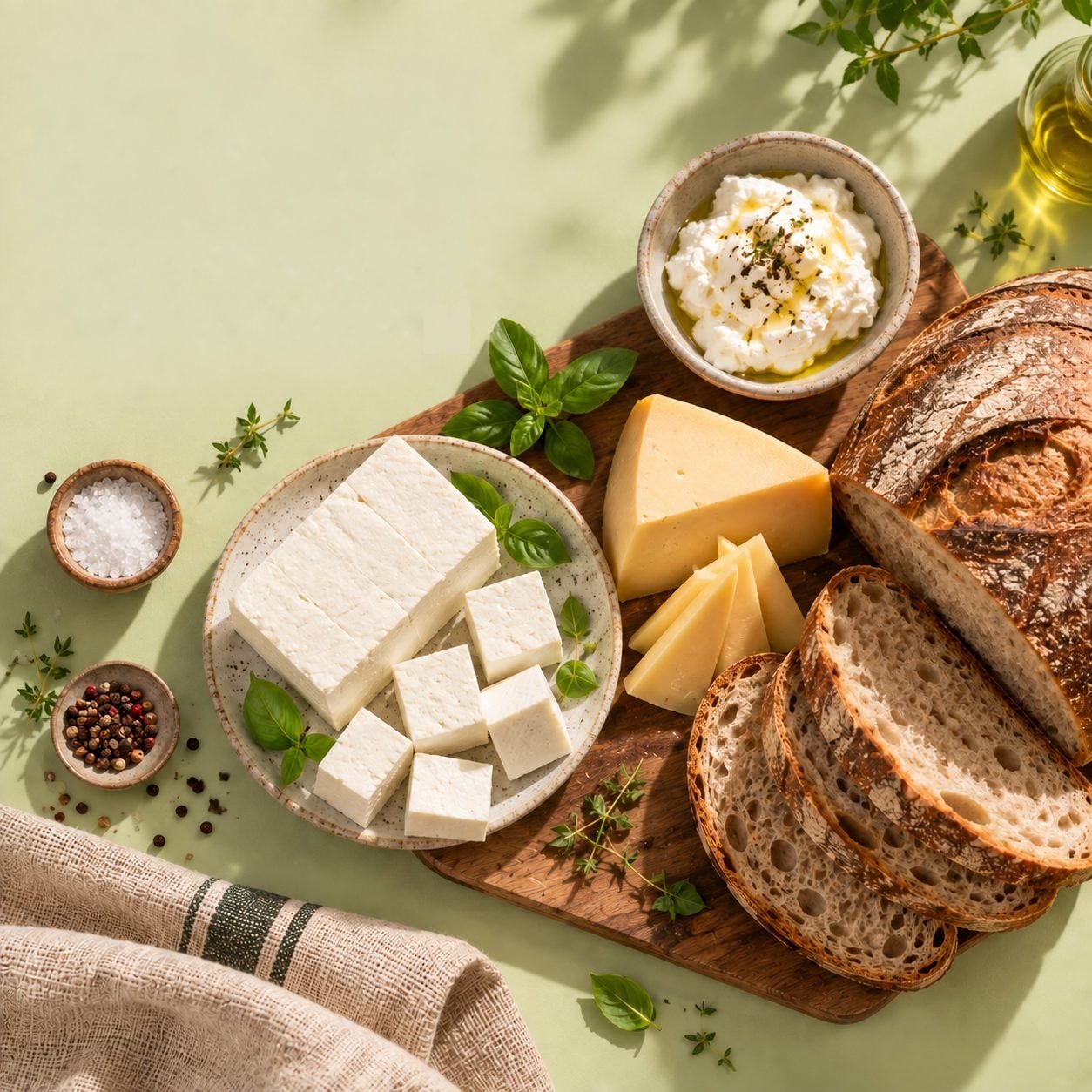 Paneer, cheese, hung curd and sourdough on a wooden board