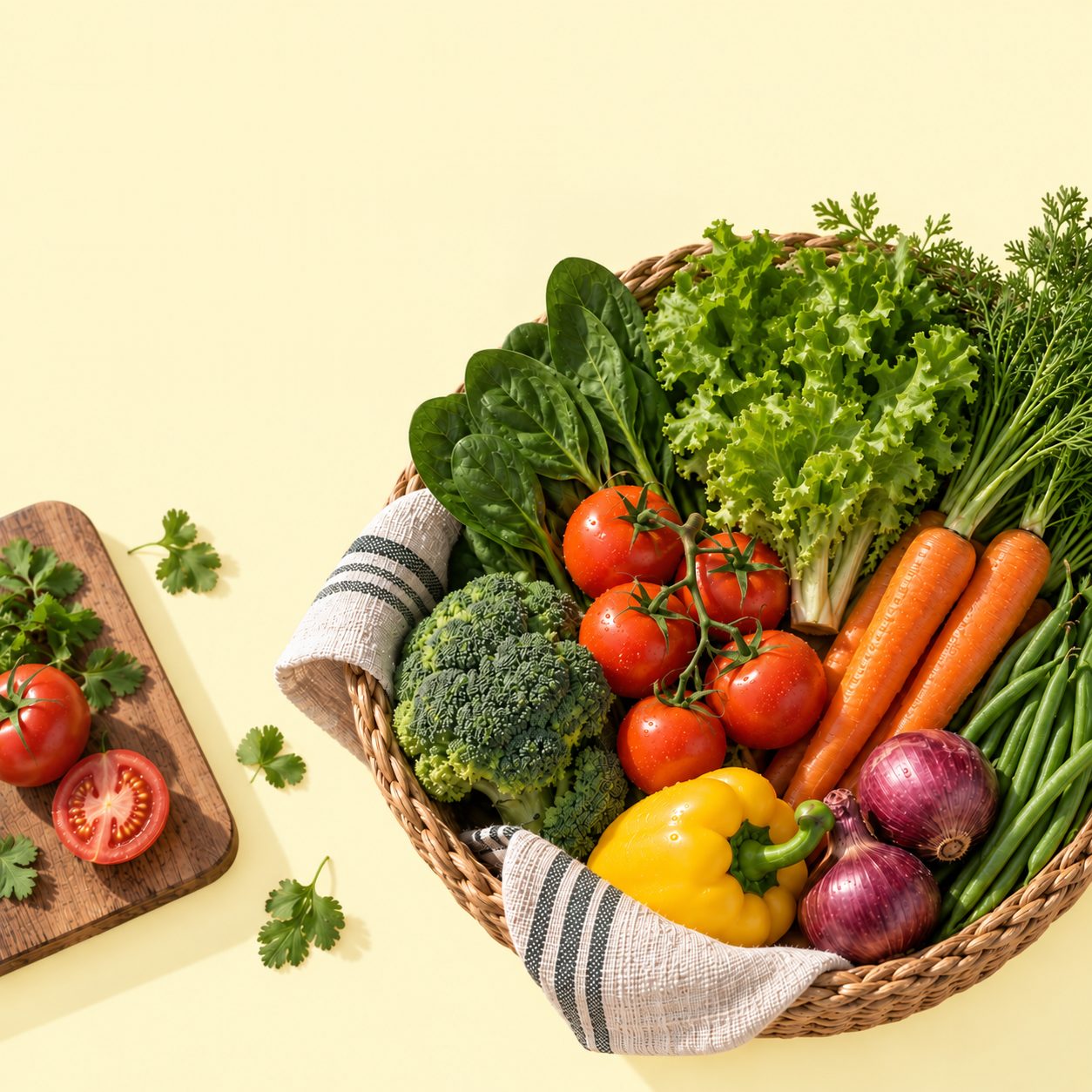 A woven basket of fresh vegetables