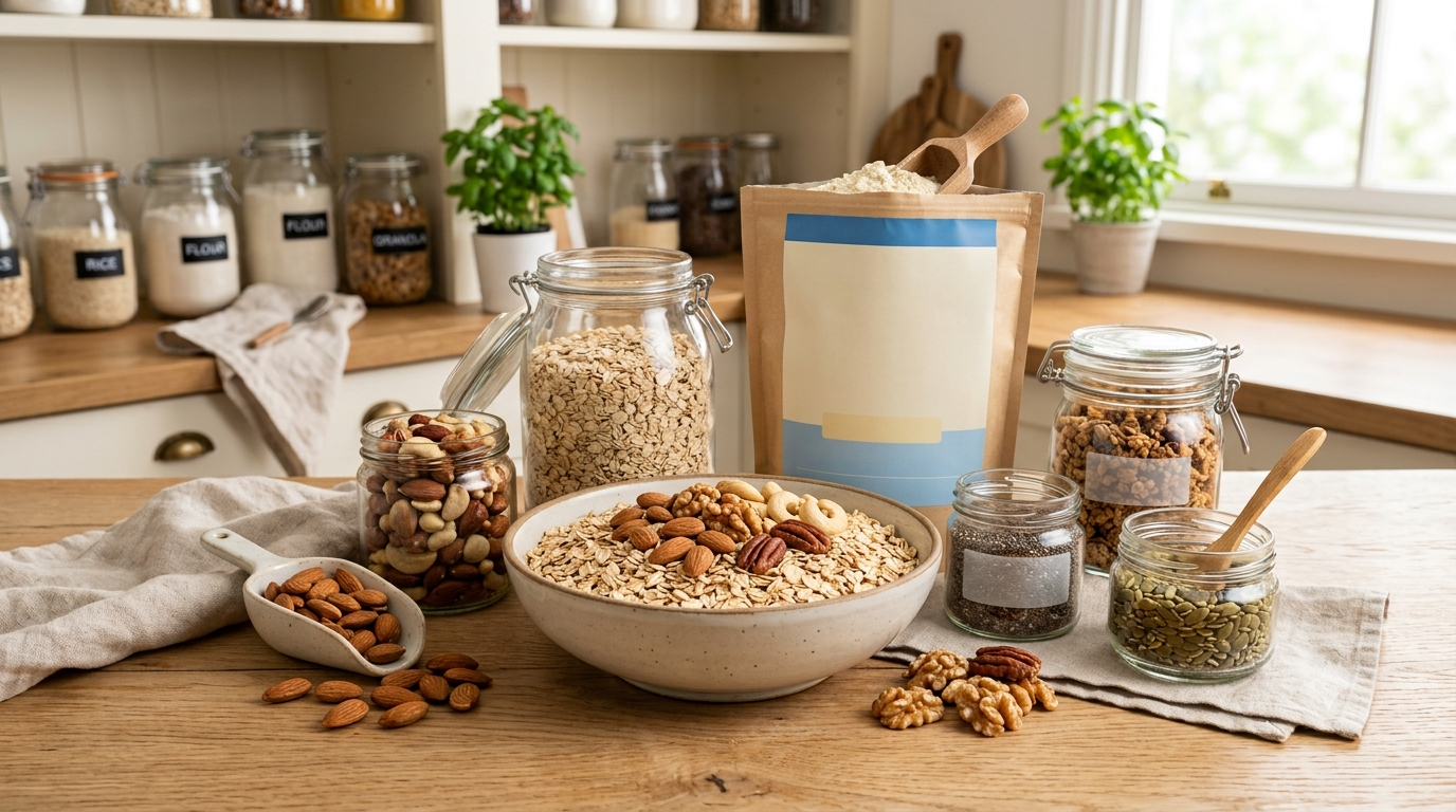 Oats, nuts and seeds in jars and a bowl